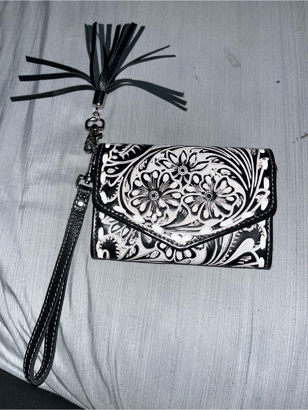 Myra Bag Black and White Floral Wristlet Clutch